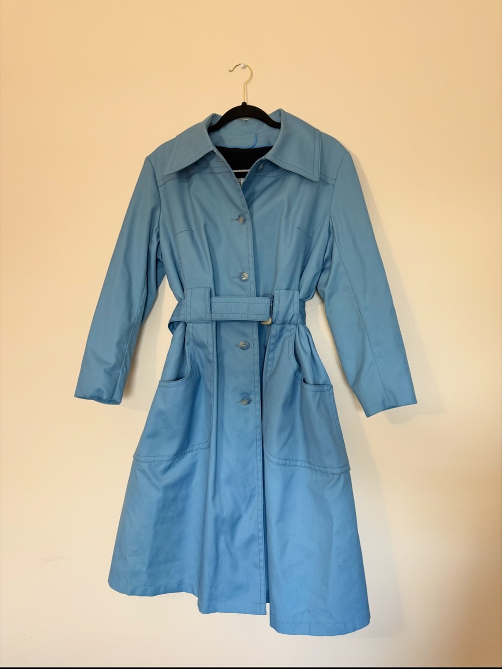 Womens Vtg Sky Blue London Fog Jacket Trench Coat with Buttons, Belt & Buckle